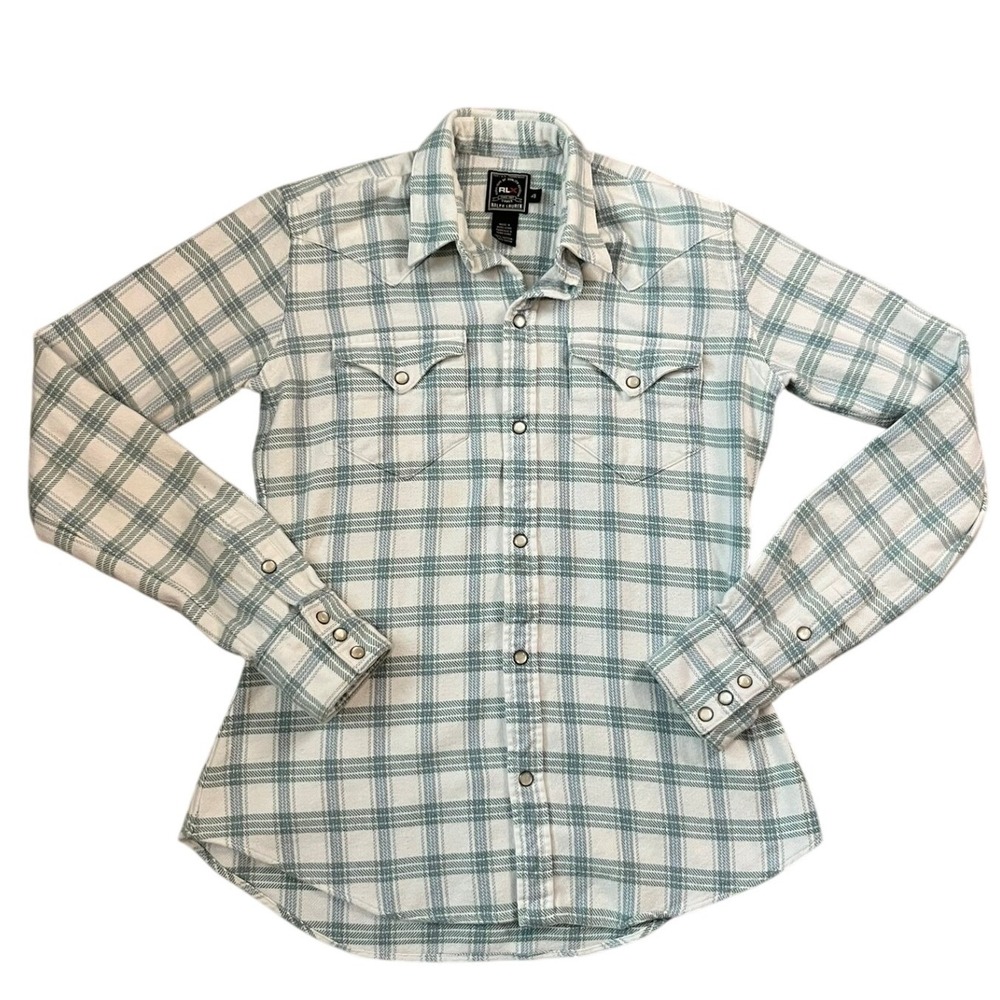 RLX Ralph Lauren Womens Western Pearl Snap Plaid Flannel Shirt Size 4 Green Blue